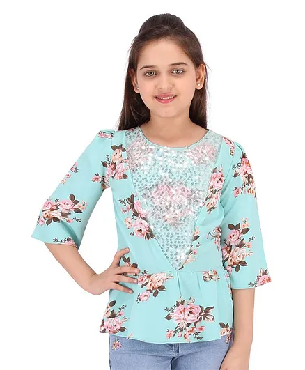 Cutecumber Half Sleeves Floral Printed Top - Green