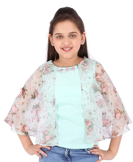 Cutecumber Half Sleeves Georgette Flower Print Top - Green