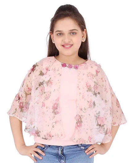 Cutecumber Half Sleeves Georgette Flower Print Top - Pink