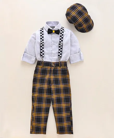 Rikidoos Full Sleeves Shirt With Bow Checked Suspenders Pants & Cap - Grey Black