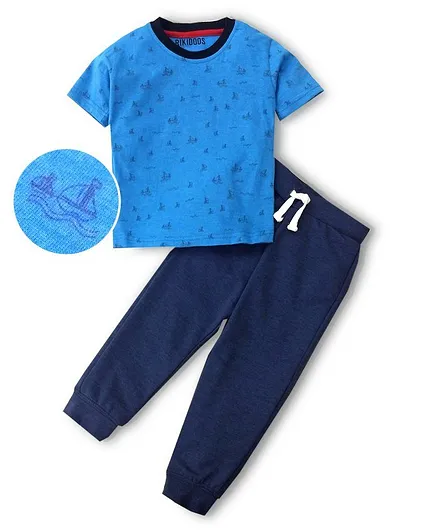 Rikidoos Half Sleeves Sailboat Print Tee With Jogger Pants - Blue