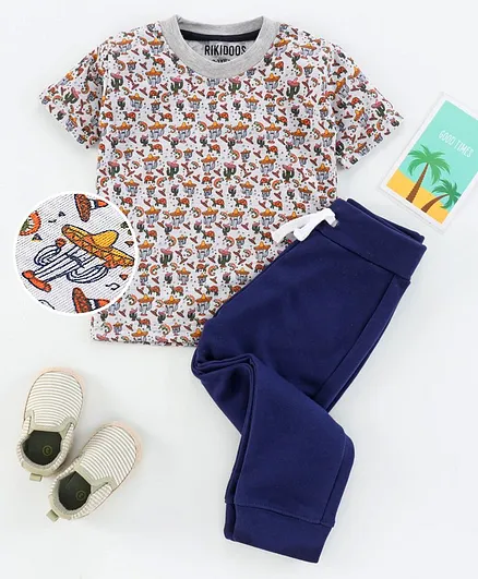 Rikidoos Half Sleeves Cactus Print T-Shirt With Full Length Joggers Set - Grey Blue