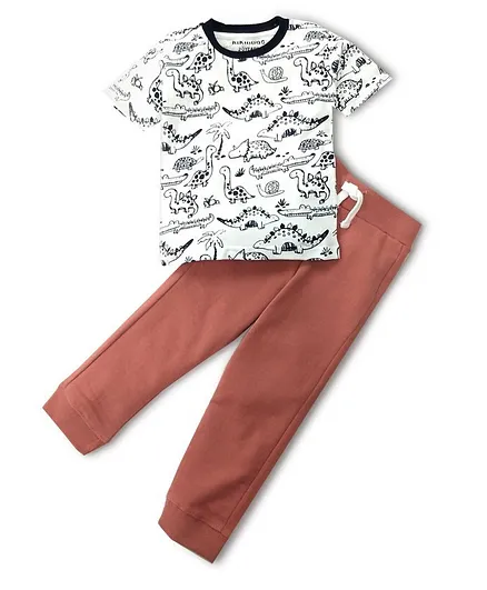 Rikidoos Half Sleeves Dinosaur Print Tee With Jogger Pants - White & Peach