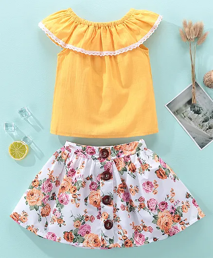 Kookie Kids Half Sleeves Top & Skirt Set Floral Print - Yellow