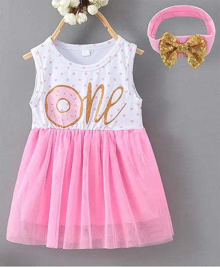 Kookie Kids Sleeveless Frock with Headband Donut Print - Pink