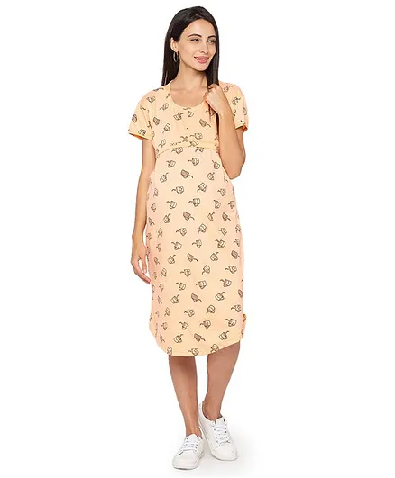 MomToBe Half Sleeves Coffee Mug Printed Feeding Nighty - Orange