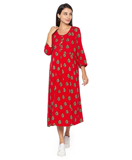 MomToBe Full Sleeves Motif Print Maternity Dress - Red