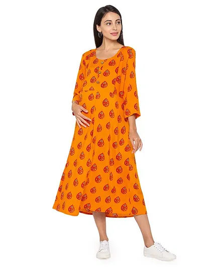 MomToBe Full Sleeves Motif Print Maternity Dress - Yellow