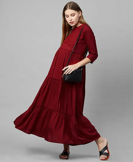 MomToBe Full Sleeves Solid Layered Maternity Dress - Maroon