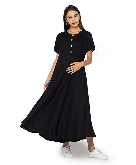 MomToBe Short Sleeves Solid Maternity Dress - Black