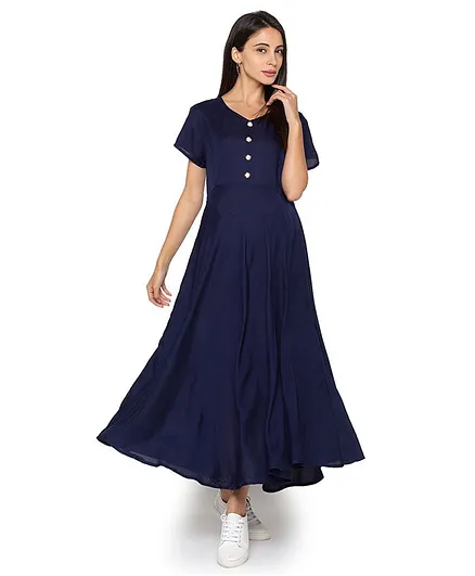MomToBe Short Sleeves Solid Maternity Dress - Navy Blue