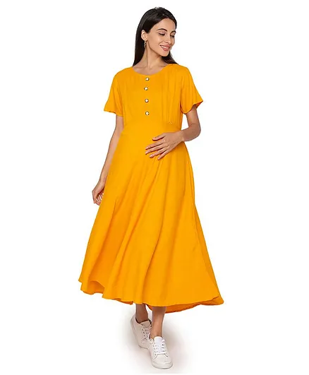 MomToBe Short Sleeves Solid Maternity Dress - Yellow