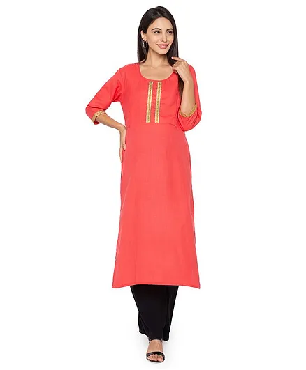 MomToBe Full Sleeves Lace Placket Kurti - Peach