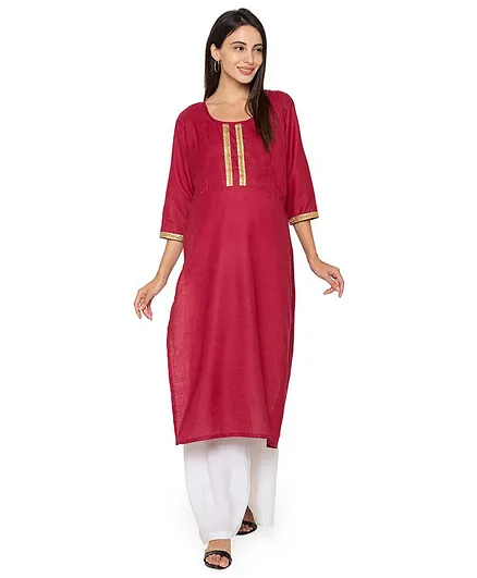 MomToBe Full Sleeves Lace Placket Kurti - Maroon