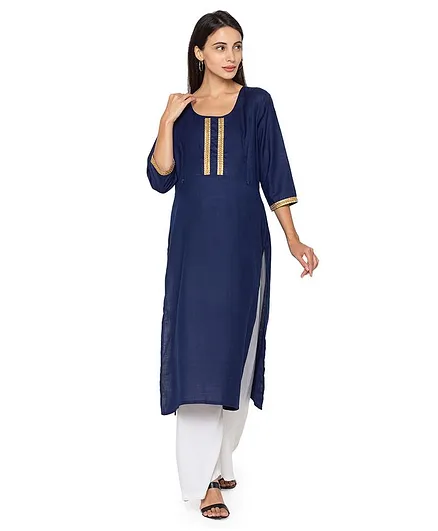 MomToBe Full Sleeves Lace Placket Kurti - Navy Blue