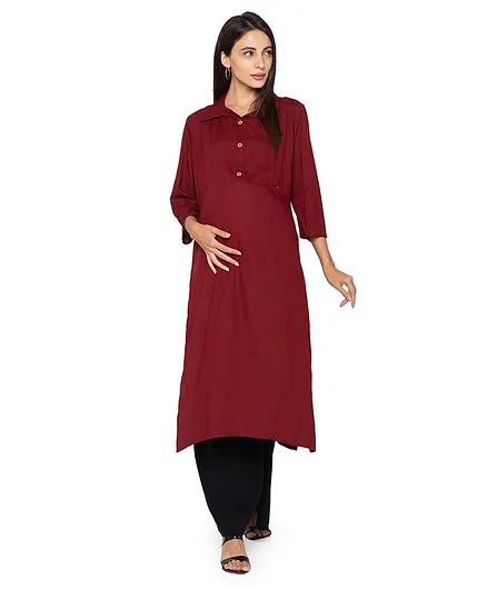 MomToBe Full Sleeves Collared Maternity Kurta - Maroon