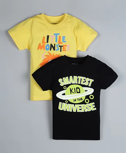 Plum Tree Pack Of 2 Half Sleeves Monster & Text Printed Tee - Yellow & Black
