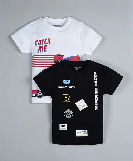 Plum Tree Pack Of 2 Half Sleeves Racing Theme Tee - Black & White