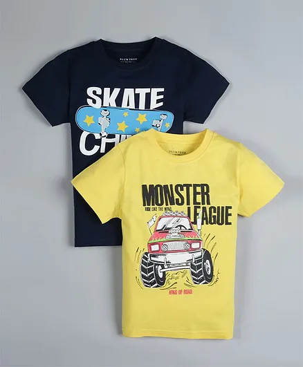 Plum Tree Pack Of 2 Half Sleeves Skater Board & Monster Truck Printed Tee - Yellow & Navy Blue