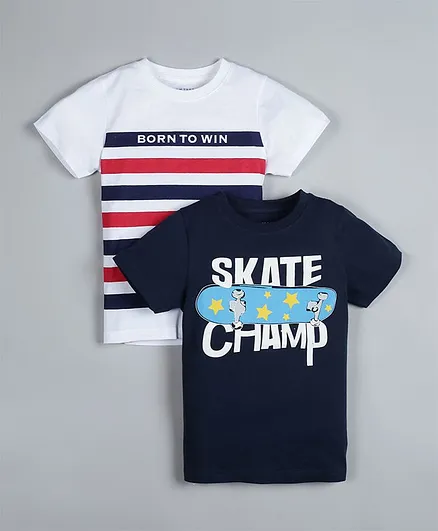 Plum Tree Pack Of 2 Half Sleeves Striped & Skater Champ Printed Tee - Navy Blue & White