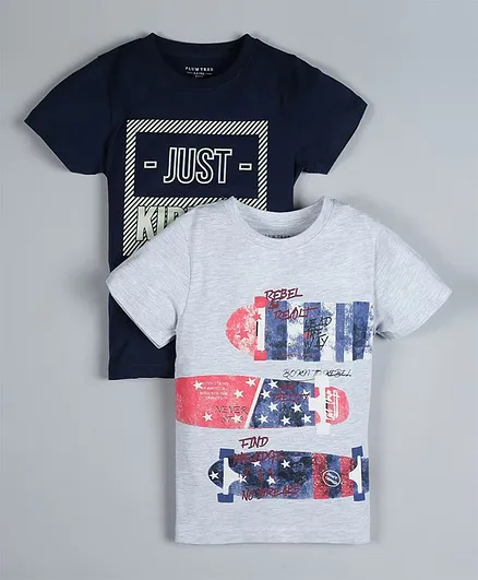 Plum Tree Pack Of 2 Half Sleeves Just Kidding & Skater Board Printed Tee - Navy Blue & Grey