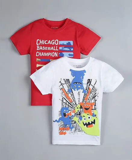 Plum Tree Pack Of 2 Half Sleeves Chicago & Monster Printed Tee - White & Red