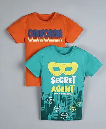Plum Tree Pack Of 2 Half Sleeves California & Secret Agent Print Detailing Tee - Orange & Green