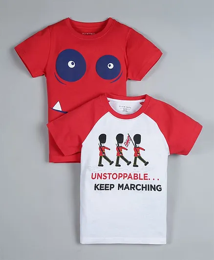 Plum Tree Pack Of 2 Half Sleeves Keep Marching & Monster Face Printed Tee - White & Red