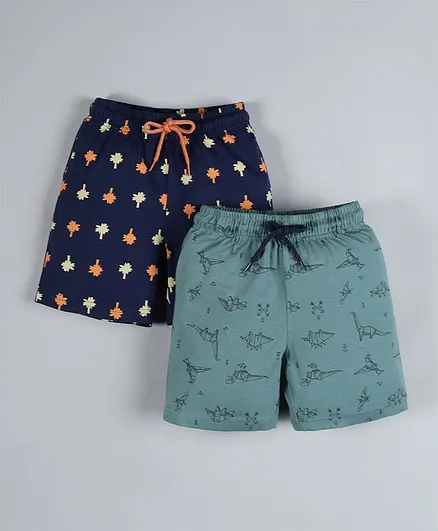 Plum Tree Pack Of 2 Dinosaur & Trees Printed Shorts - Green & Navy Blue