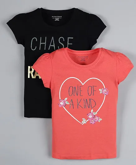 Plum Tree Pack Of 2 Short Sleeves One Of A Kind Print T-Shirt - Coral & Black