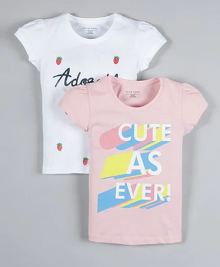 Plum Tree Short Sleeves Pack Of 2 Cute As Ever Print T-Shirt - Pink & Off White
