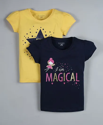 Plum Tree Short Sleeves Pack Of 2 Magical Print T-Shirt - Navy & Yellow