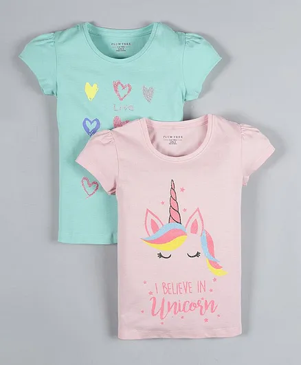 Plum Tree Short Sleeves Pack Of 2 Unicorn Print T-Shirt - Pink & Green