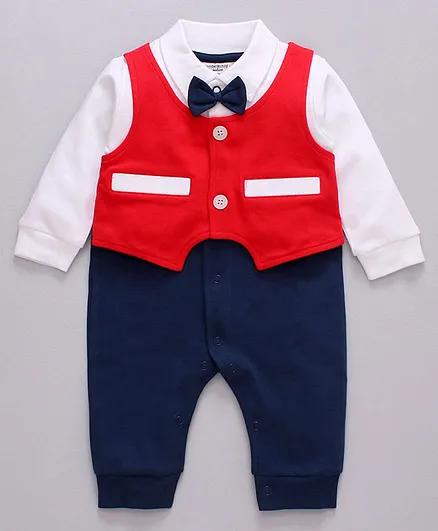Wonderchild Full Sleeves Mock Waistcoat Pattern Romper - Red & Navy Blue