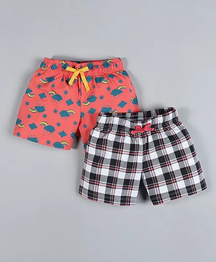 Plum Tree Pack Of 2 Rainbow Print & Checked Shorts - Peach