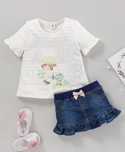 ToffyHouse Half Sleeves Printed Top with Skirt - White Blue