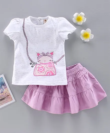 ToffyHouse Half Sleeves Top with Skirt Kitty Print - White Pink
