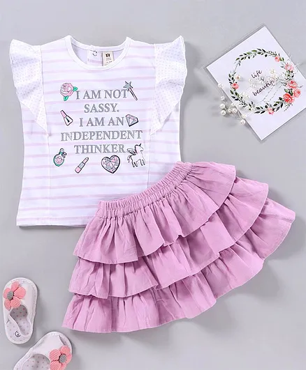 ToffyHouse Short Sleeves Top and Layered Skirt Set Text Print - Purple