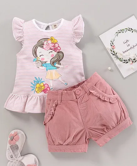ToffyHouse Cap Sleeves Top & Corduroy Shorts Doll Print - Pink