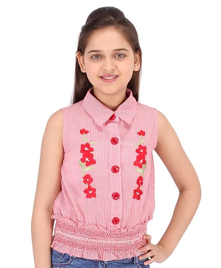 Cutecumber Sleeveless Striped & Floral Embroidered Top - Red