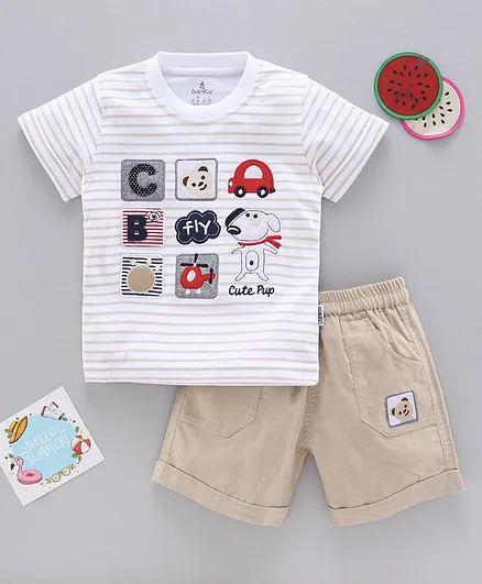 Child World Half Sleeves Tee and Shorts Set Puppy Patch - Beige