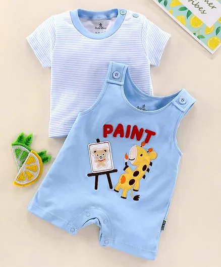 Child World Half Sleeves Romper with Inner Tee Giraffe Patch - Sky Blue