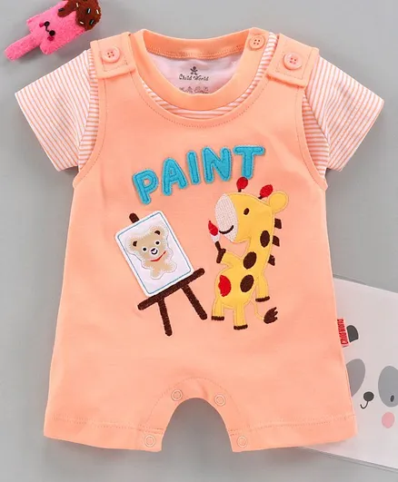 Child World Half Sleeves Romper with Inner Tee Giraffe Patch - Peach