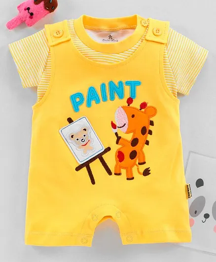Child World Half Sleeves Romper with Inner Tee Giraffe Patch - Yellow