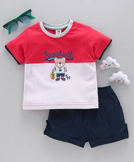 ToffyHouse Half Sleeves Tee & Shorts Set Bear Print - Red Blue
