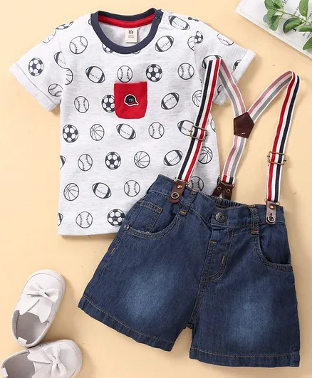 ToffyHouse Half Sleeves Tee with Shorts & Suspenders Rugby Print - Blue White