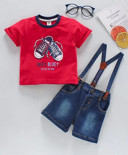 ToffyHouse Sleeveless Dungarees With Printed Half Sleeves Tee - Red
