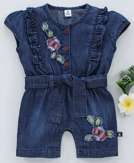 Little Folks Denim Jumpsuit Floral Embroidered - Blue