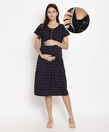 Bella Mama Half Sleeves Maternity Nighty Floral Print - Navy Blue