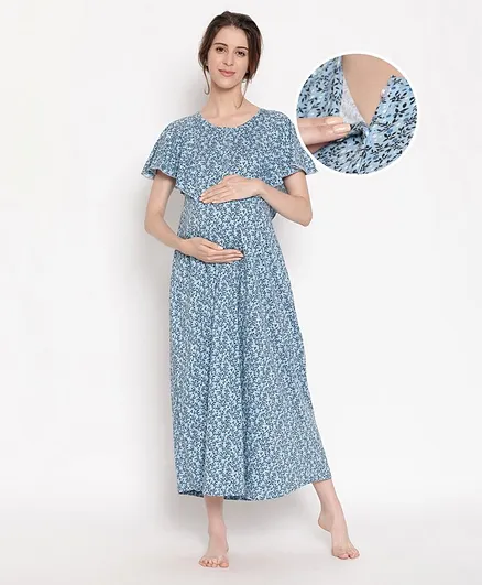 Bella Mama Half Sleeves Maternity Nighty Flloral Print - Blue